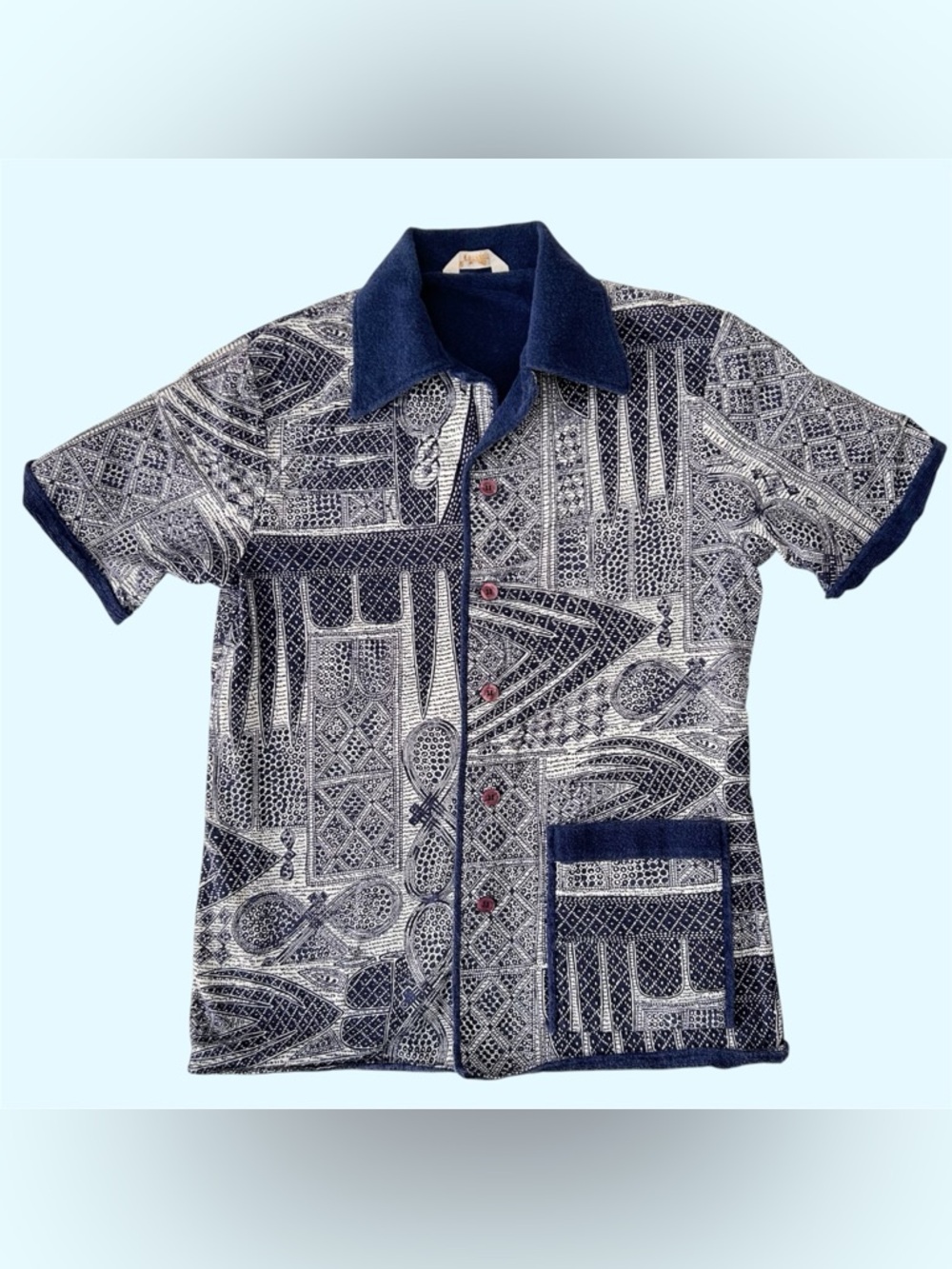 Vintage 70s Jantzen AOP Terry Towel Lined Short Sleeve Button Down Medium Rare